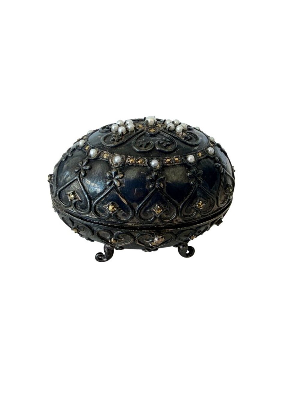 Vintage Sterling Silver 925 Jewelry Trinket Box Hinge Pearl Marcasite Vanity Egg